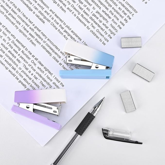 Temiary 2 Pcs Mini Desktop Stapler with Staples Standard, Small Cute Stapler for Desk, 12 Sheets Capacity, Gradient Staplers for Student or Office Use (Blue & Purple)