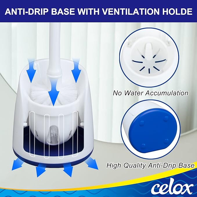 CELOX Toilet Bowl Brush and Holder, Compact Toilet Brush with Breathable Ventilation Stand Base, Bathroom Cleaning Kit, White, 2 Set