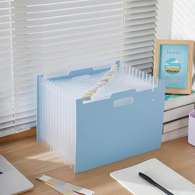 Y YOMA 2 Pack Accordion File Organizer with Handle 12 Pockets Expanding File Folder with Removable Tabs for A4 Letter Size Paper Plastic Filing Organizer Document Bill Receipt Holder, Blue