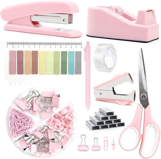 Office Supplies,Desk Accessories, Stapler and Tape Dispenser Set for Women with Stapler, Tape Dispenser, Staple Remover, Staples, Clips, Scissor and Tabs,Gift for Students, Coworkers