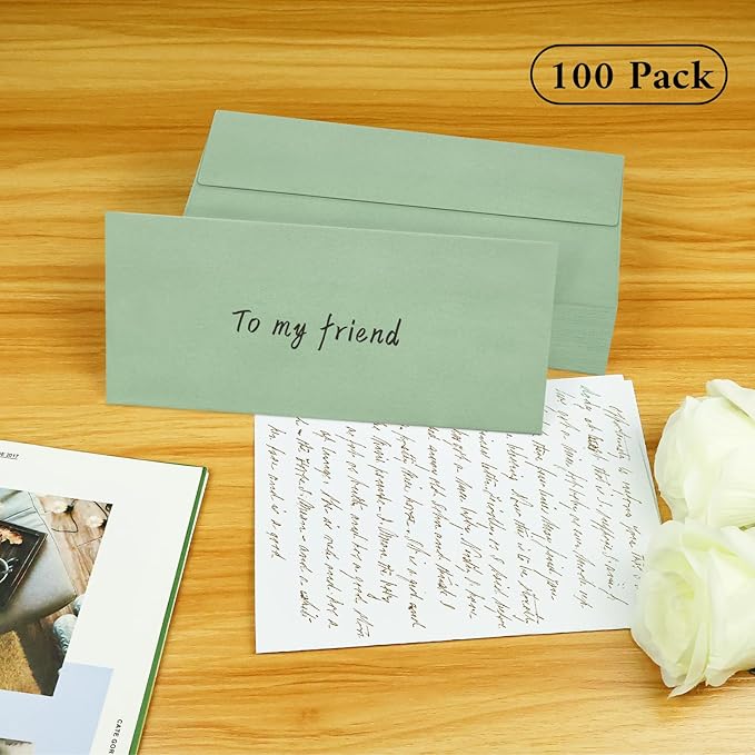 100 Pack #10 Business Envelopes, Sage Green Standard Envelopes Self Seal, Letter Size Mailing Envelopes for Checks Letters Invoices Statements Birthday Graduation Wedding, 4 1/8 x 9 1/2 Inch