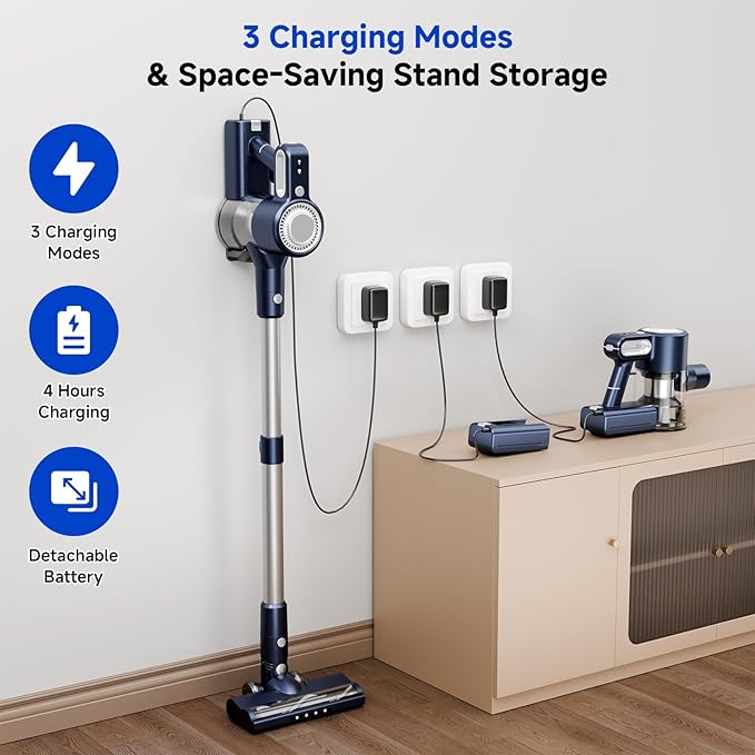 Cordless Vacuum Cleaner, Powerful Suction Vacuum Cleaners for Home, Anti-Tangle Pet Hair Brush, Lightweight, Self-Standing, Green LED Headlight, 6-in-1 Stick Vacuum for Carpet Hardwood Floor-Dark Blue