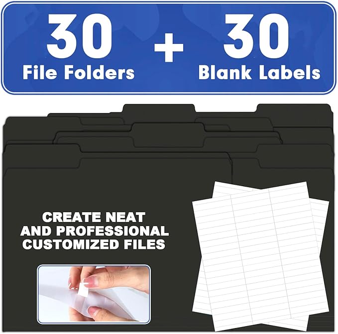 File Folder, HERKKA 30 Pack 1/3 Cut Tab File Folders, File Folders Great for Organizing and Filing, Letter Size, Black