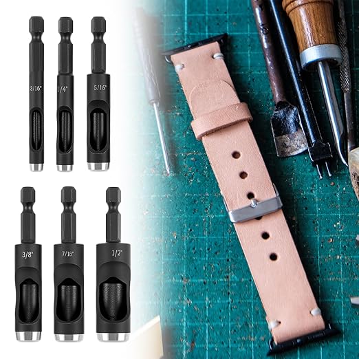 QWORK Leather Hole Punch Tool Set – 6-Piece Carbon Steel Punch Kit with Drill Bits (3/16" to 1/2") for Crafting, Belts, and Grommets, High-Precision Leather Punch Tool