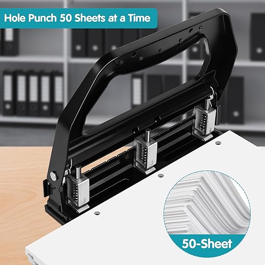AFMAT HP18 Heavy Duty 3 Hole Punch, 50-Sheet Hole Puncher 3 Ring, 50% Reduced Effort, Adjustable Two & Three Hole Punch, Metal Paper Puncher w/Large Chip Tray, Metal Paper Guide, Black