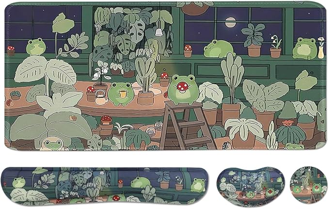 Large Mouse Pad Set, Cute Extended Mouse Pad+Keyboard Wrist Rest Support Desk Pad Memory Foam Ergonomic Easy Typing, 35.4×15.7 in Desk Mat Set for Home Office Study Game - Frog