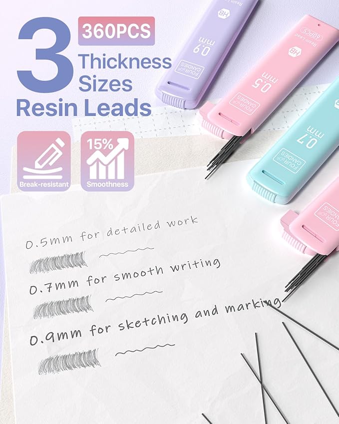 Four Candies Cute Mechanical Pencil Set, 6PCS Pencils 0.5 mm & 0.7 mm & 0.9 mm with 360PCS Lead Refills, Pastel Erasers, Case for School Supplies