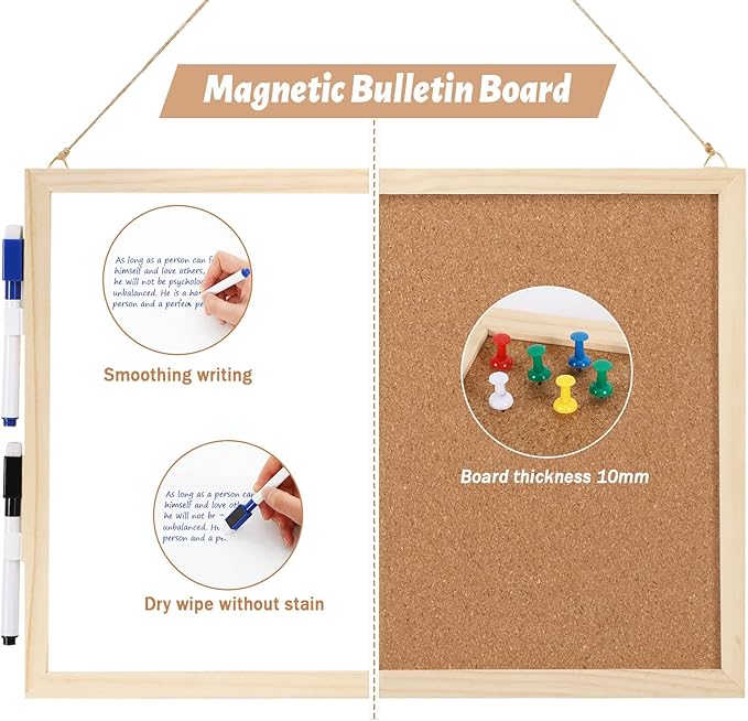 2-Pack Cork Board White Board Combo - 15.7 x 12 inches Whiteboard Bulletin Combination Board Hanging Office White Push Pin Board Vision Board for Room School Office Bedroom (with Pins, Hardware, Rope)