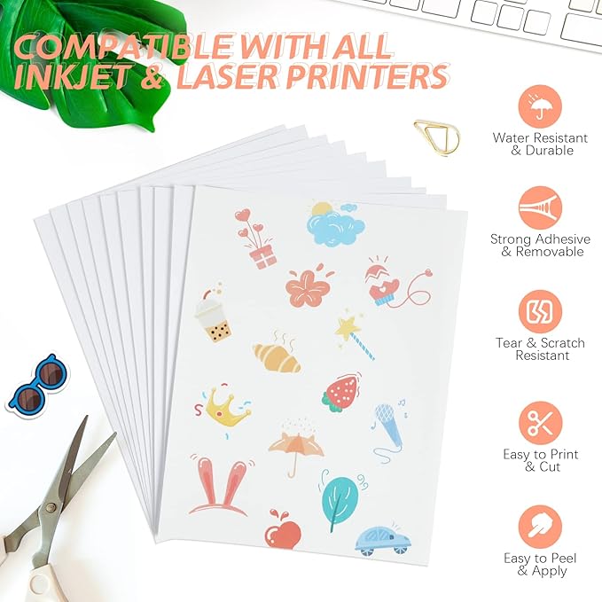 HTVRONT Printable Vinyl Sticker Paper - 8.5"x11" Glossy White printable vinyl for inkjet printer 25Pcs - Dries Quickly and Holds Ink Beautifully