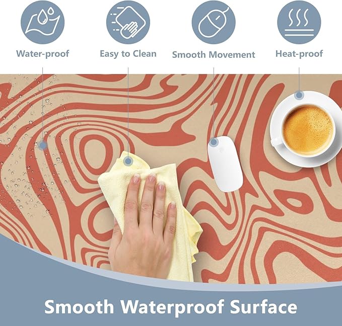 Mouse Pad Desk Mat Leather Desk Pad Large Gaming Desk Cover Protector Mat for Keyboard Computer Laptop Office Waterproof 35.4 x 16.5 Inch Wavy Red and Beige