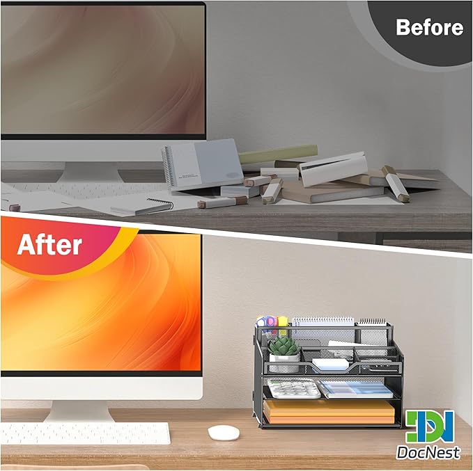 Docnest 3 Tier Mesh Desk Organizer for Paper Office Supplies – Multi-Functional Letter Tray with 5 Adjustable Compartments, 3 Pen Holders, Desktop Storage for Files, Mail, Stationery – Black