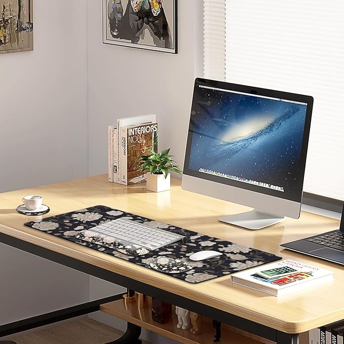 Floral Large Mouse Pad with Wrist Support Set of 4,Large Gaming Mouse Pad+Keyboard Rest+Mouse Wrist Rest+Coaster,Ergonomic Mouse mat,Anti-Slip,Memory Foam Desk Mat for Home Office Gaming (Rose)