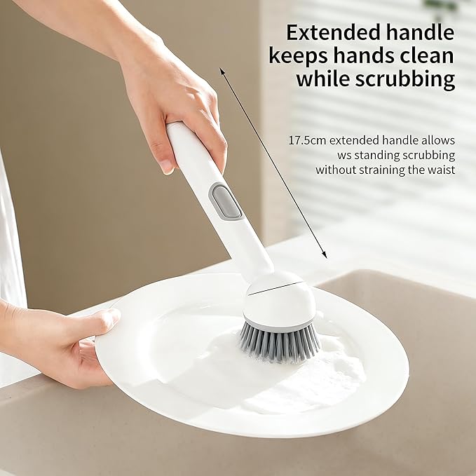 Rotating Dish Brush with Soap Dispensing Handle,Kitchen Scrub Brush with Hook，White