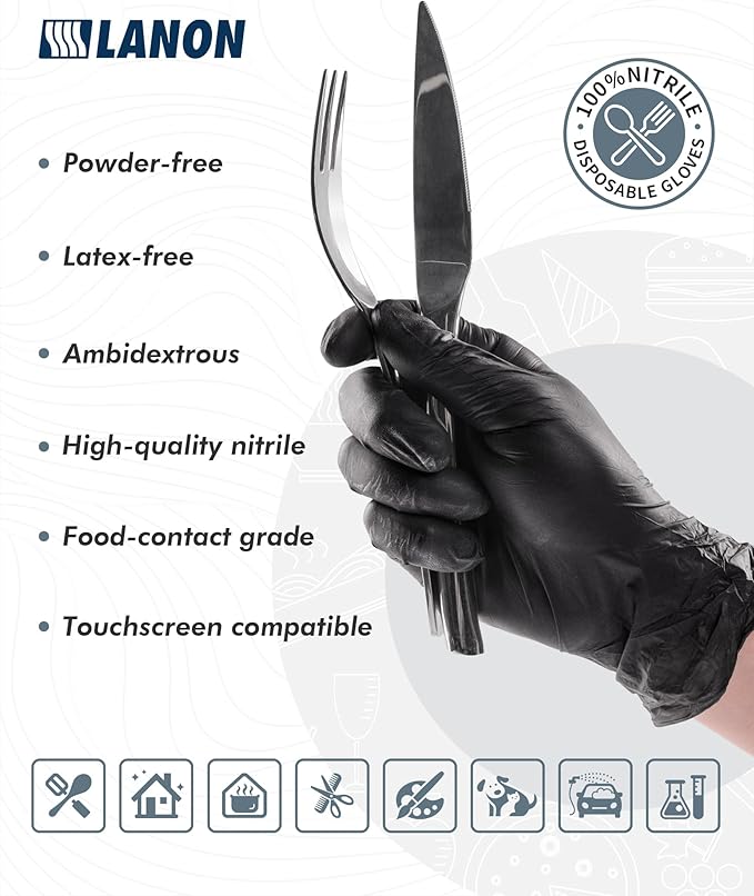 LANON Food Safe Disposable Nitrile Gloves, Latex-Free, Powder-Free, Silicone-Free, Textured Fingertips, Cooking, Black，Large
