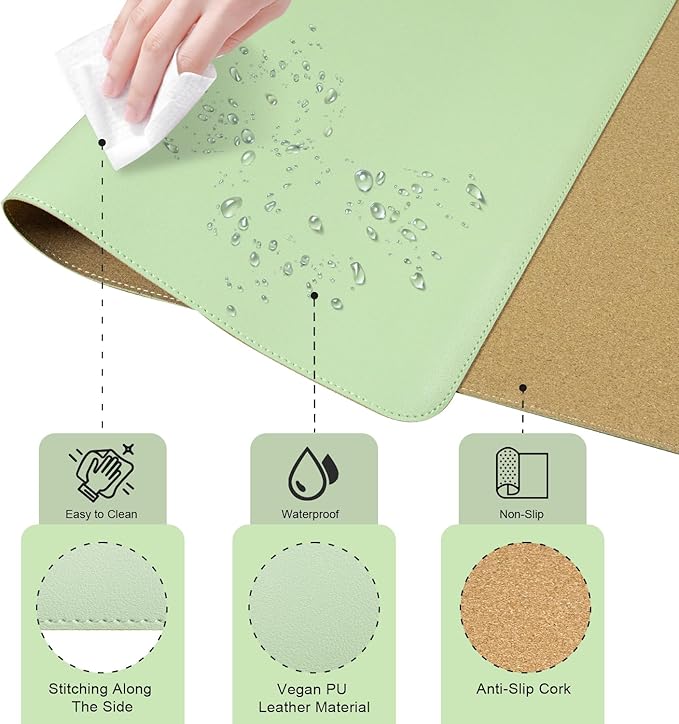 Non Slip Desk Mat, 31.5" x 15.7" PU Leather Desk Pad, Cork Desk Mat for Desktop, Desk Pad for Keyboard and Mouse, Ideal for Office and Home, Light Green