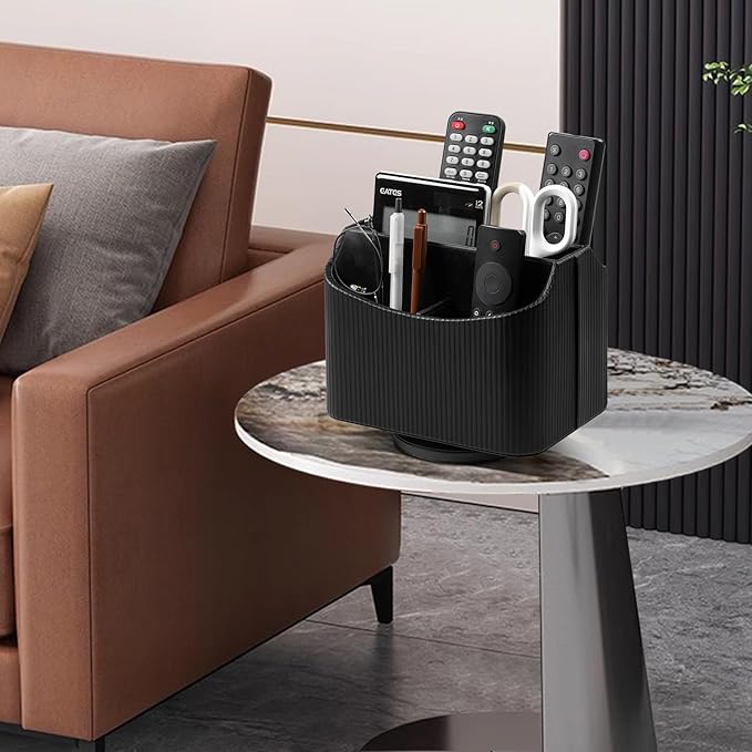 PU Leather Remote Control Holder, 360 Degree Rotating Desk Organizer Storage Table Remote Caddy, Spinning Bedside Organizer Nightstand Organizer for Desktop Office Home Black