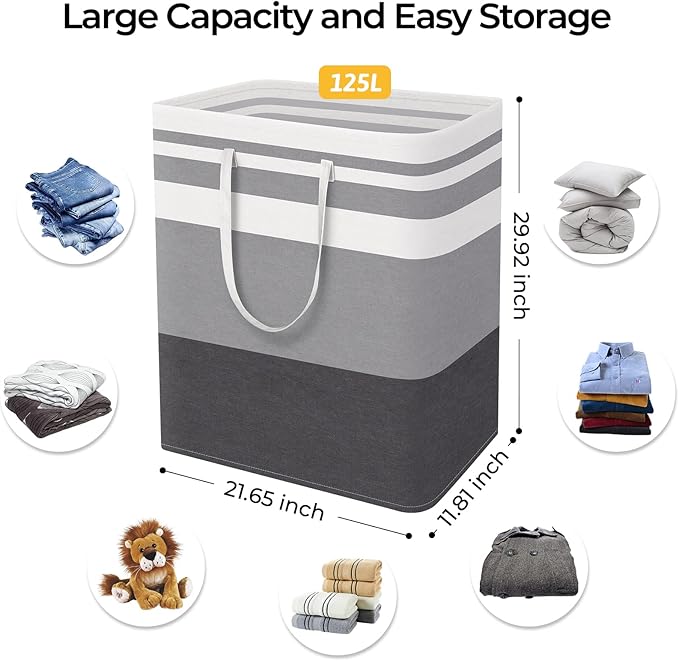 HomeHacks 4-Pack Large Laundry Basket, Waterproof, Freestanding Laundry Hamper, Collapsible Tall Clothes Hamper with Extended Handles for Clothes in the Dorm and Family-(Gradient Grey, 125L)