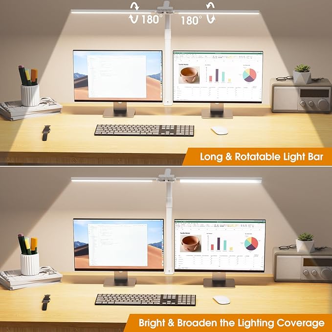 LED Desk Lamp for Home Office - Eye-Caring Computer Desk Light with Clamp, Adjustable Work Lamp with Color Changing, Dimmable Double Head Monitor Light with Gooseneck, White