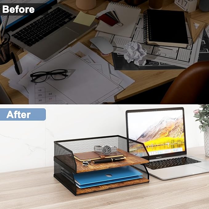 Natwind 2-Tier Stackable Paper Tray, Metal Mesh Desktop Organizer, Paper Sorter, Letter Trays,File Document Storage Rack for for Home, Office, School (Retro)