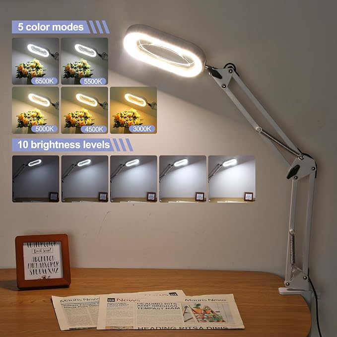 Drdefi 10X Square Magnifying Glass with Light and Stand, Real Glass LED Lighted Magnifier, 5 Color Modes Stepless Dimmable, Hands-Free Mag Desk Lamp with Clamp for Reading Craft Hobby Close Work White