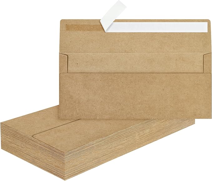 50 Pcs Kraft #10 Business Envelopes, Self Seal Standard Envelopes, Windowless Business Mailing Envelopes for Office, Checks, Letters, Invoices, Statements, Wedding, 4-1/8 x 9-1/2 inch