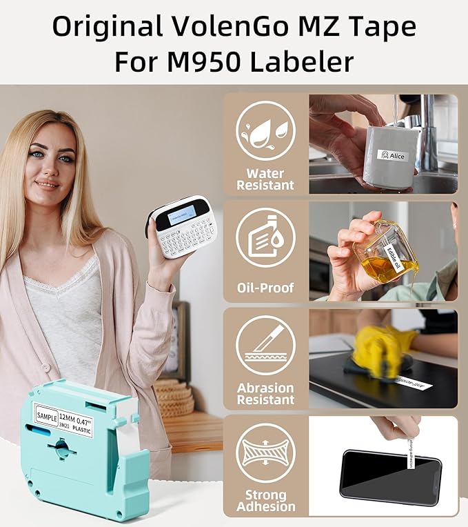 Label Maker Machine with 5 Tapes, Label Maker Waterproof-Labels Bundle, Rechargeable Bluetooth Labeler with Backlit LCD, M950 Handheld Label Printer for Office Home Use