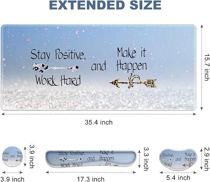 Desk Mat, Gaming Mouse Pad Wrist Rest Support Combo, XXL Large Mousepad + Keyboard Wrist Support +Mouse Wrist Rest+Coaster Set with Ergonomic Design 4in1 for Home Office, Stay Positive Blue