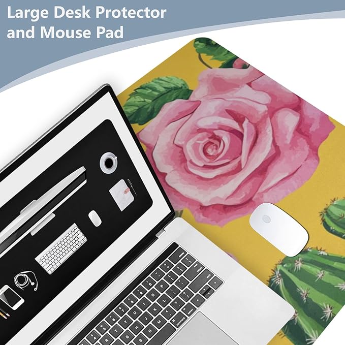 Mouse Pad Desk Mat Leather Desk Pad Large Gaming Desk Cover Protector Mat for Keyboard Computer Laptop Office Waterproof 47.2 x 23.6 Inch Yellow Cactus Parrots and Roses