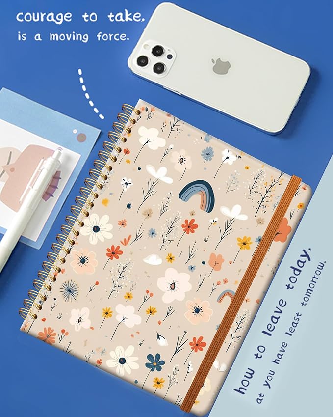 Ruled Spiral Writing Notebook,A5 Hardcover Lined College Journal for Women Lady Girl,Strong Twin-Wire Binding with Premium Paper,8.4" X 6",Perfect for School,Office,Home Gifts(rainbow flower