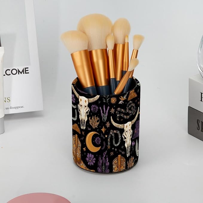 Western Boho Style Bull Skulls Pattern Circular Pen Holder, Pen Cup Makeup Brush Holder, Design for School, Home and Stationary Supplies (3.9 x 3.1 Inches)