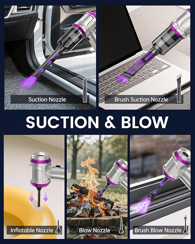 NOBIWA Portable Car Handheld Vacuum Cleaner 15000pa - 4 in 1 Vacuum Cleaner&Air Duster, Rechargeable Handheld Vacuum with Multi-Nozzles for Car, Home, Pet, Ideal Gifts for Men & Women (Pink)