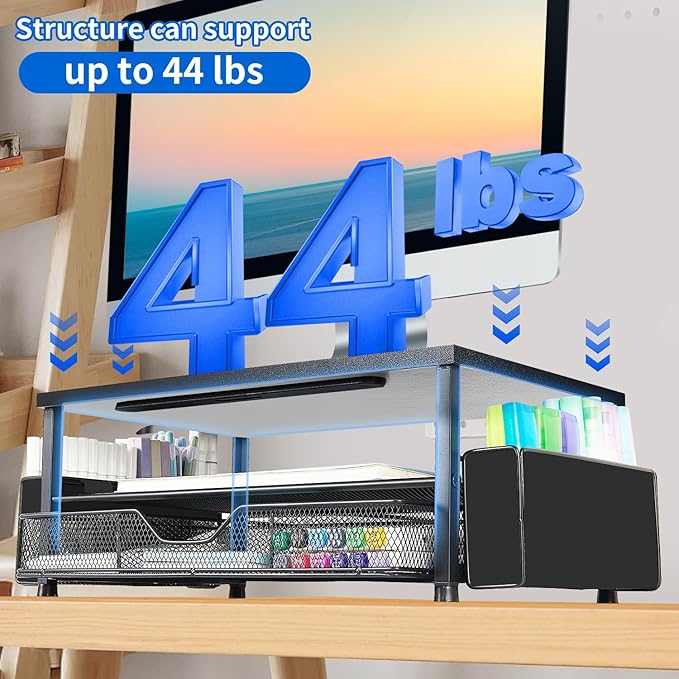 AUPSEN Wood Computer Monitor Stand Riser, 2-Tier Black Desk Organizer with Drawer, Pen Storage & Phone Holder ，Office Desk Accessories Desktop Organizer for Office Supplies