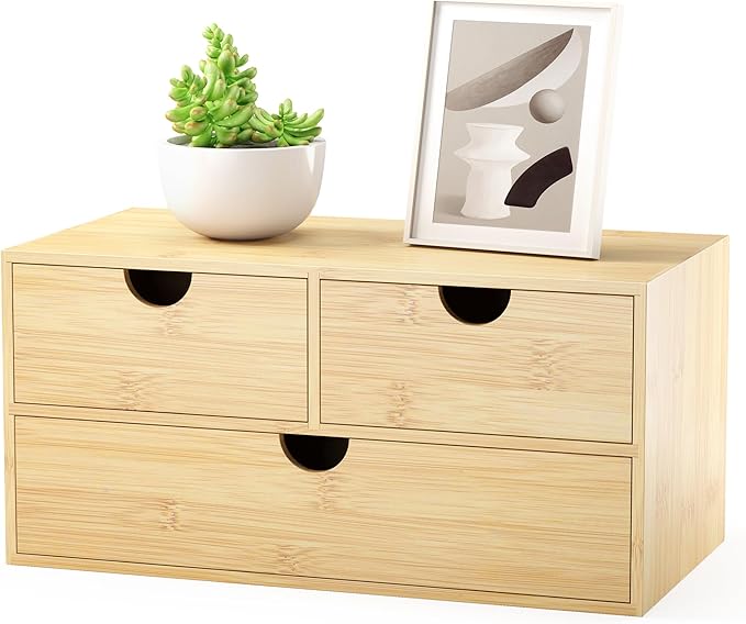 Bamboo Desk Organizer with Drawers - Small Desktop Countertop Mini Tabletop Storage Container - No Assembly Required