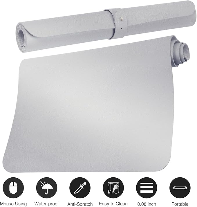 Boutilon Leather Desk Pad Protector,Non-Slip Mouse Pad,Laptop Desk Pad,Office Mouse Mat,Waterproof Leather Desk Blotter,Desk Writing Pad for Office and Home (S-Silver,24"x 14")