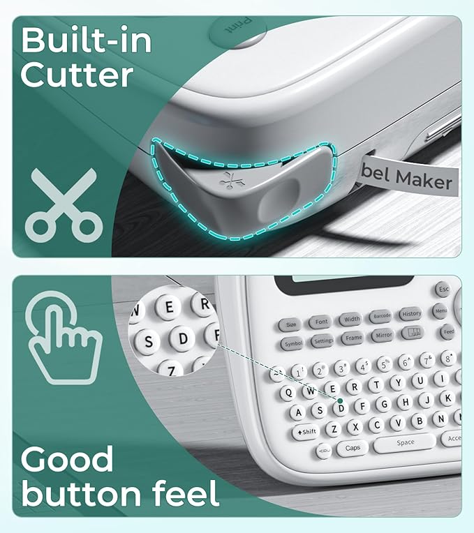 D210s Label Maker Waterproof-Labels, Label Machine with-Tape Laminated 12mm 0.47 White, Portable Labeling Maker with Keyboard & One-Touch-Keys, for Home Kitchen Office School Organization