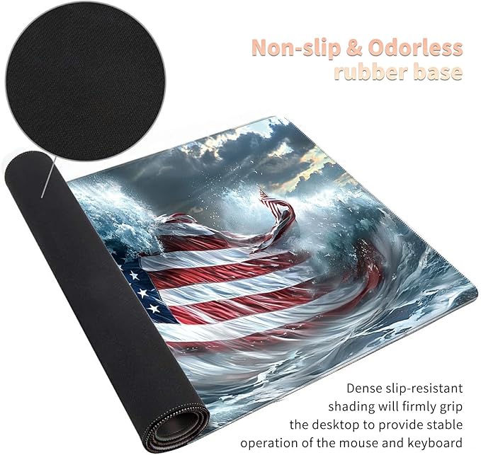 Desk Mat Large Gaming Mouse Pad (31.5x11.8 inch) with Stitched Edges, XL Mouse Pad +Coaster, Extended Mouse Mat Keybroad Mousepad Non-Slip Rubber for Gamer Men Women, Wave American Flag