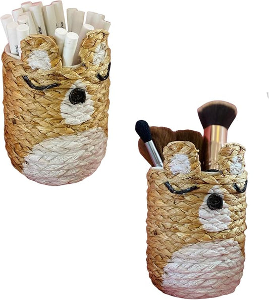 Decorative pen cup for home office desk organizer, round baskets for décor, wooden pencil holder, small makeup brush holder