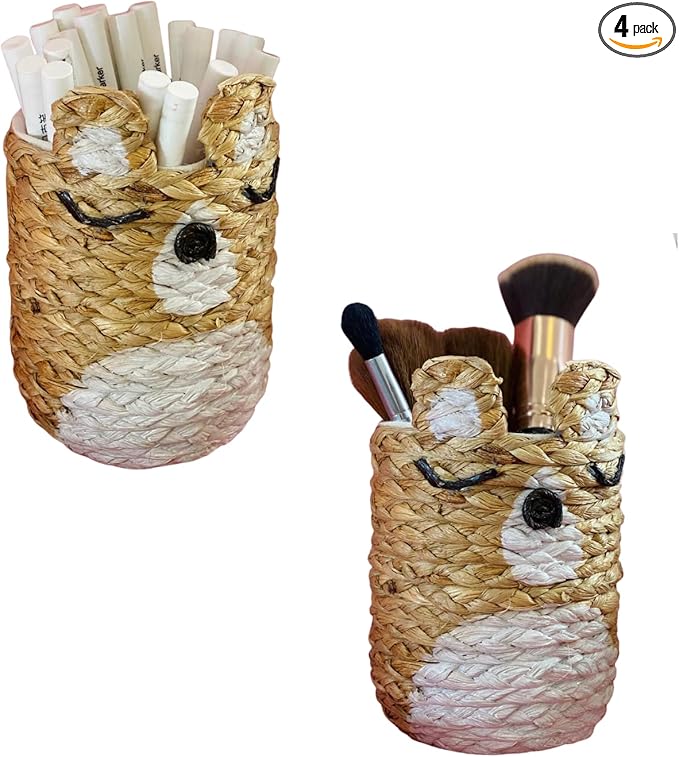 Decorative pen holder for home office desk organizer, round baskets for décor, wooden pencil holder, small makeup brush holder (4)