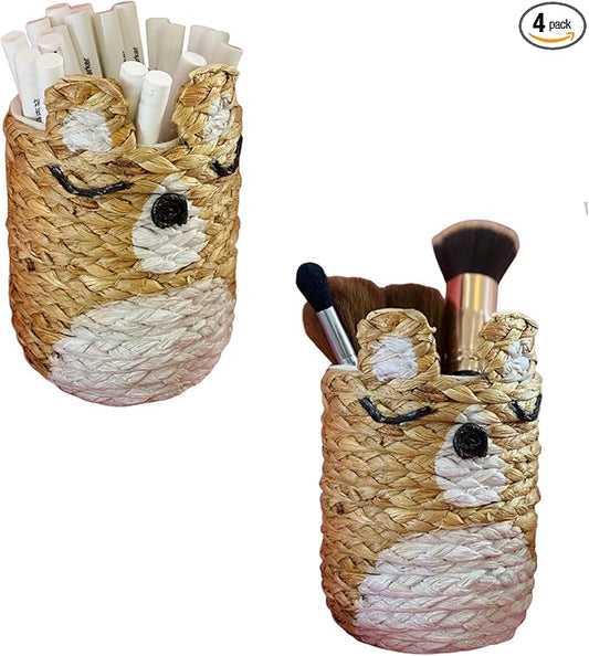 Decorative pen holder for home office desk organizer, round baskets for décor, wooden pencil holder, small makeup brush holder (4)