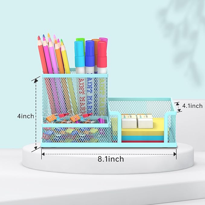 SUPEASY Mesh Pen Holder Desk Organizer, Office Supplies Pencil Storage with 3 Compartments, Office Desk Accessories and Workspace Organizers for Home School, Blue
