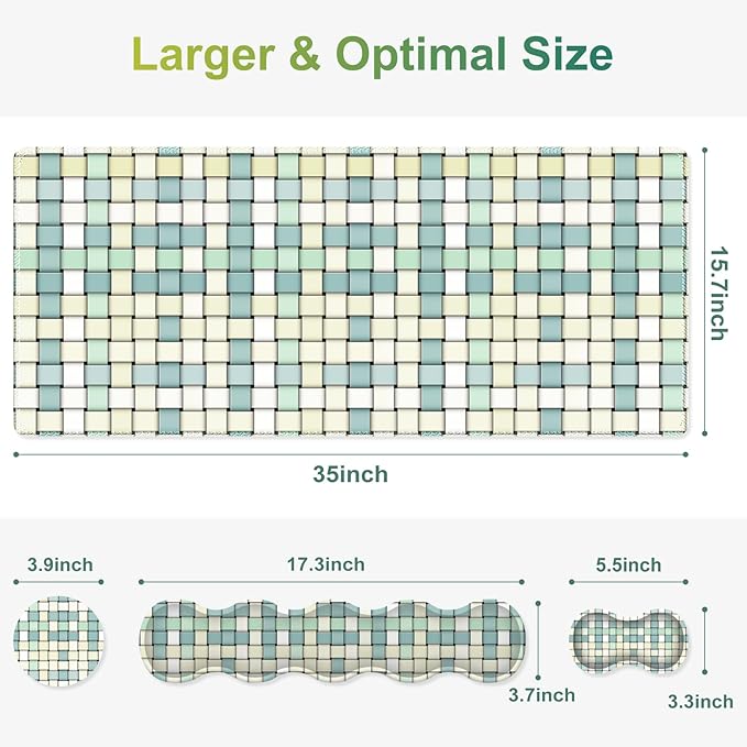 Desk Mat Gaming Mouse Pad, Cute Desk Matt Keyboard Wrist Rest for Desktop, Anti-Slip Mousepad Stitched Edges, XXL Large Mouse Pad with Wrist for Desk Computer I Green Woven Plaid Pattern