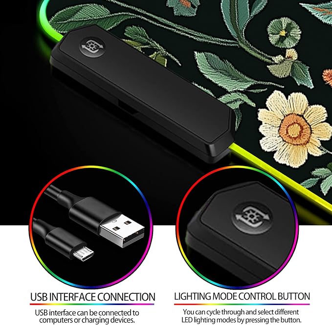 RGB Floral Gaming Desk Mat, Computer Keyboard Large Extended Long Flower Plants LED Mouse Pad for Office and Home, XL (W19)
