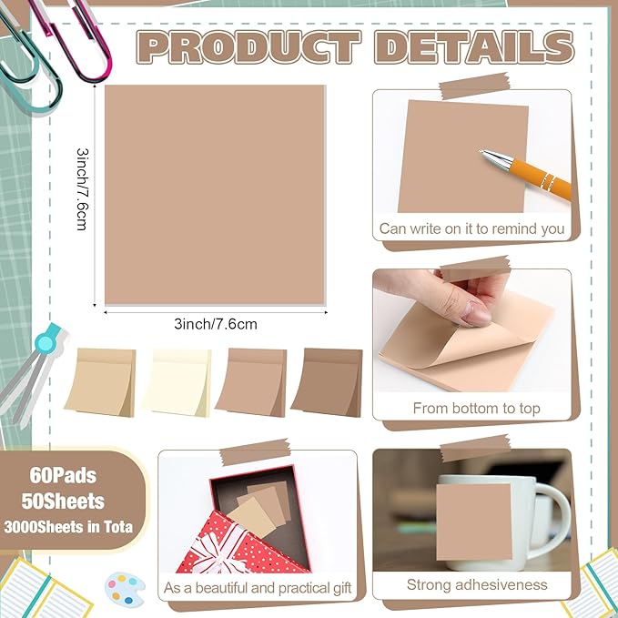 Fainne 60 Pack Sticky Notes Bulk Back to School Supplies Self Stick Note Pads Paper Memo for Office First Day of School Student Teacher Essentials (3x3inch,Vintage Colors)