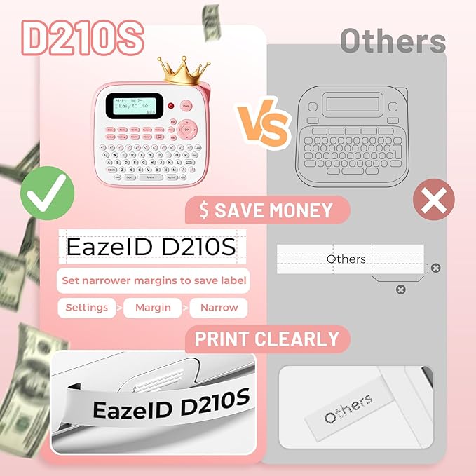Pink Label Maker Machine with-Tape, Kids Label Maker Waterproof-Labels, D210S Portable Labeler Machine Multiple Fonts Frames Barcode for Home Kitchen Office School Use