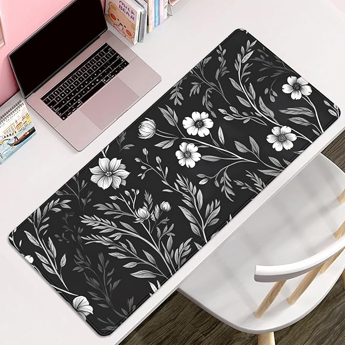 Black and White Mouse Pad Floral Desk Mat Large Desk Pad Alfombrilla para Mouse Gaming Mousepad with Stitched Edge Non-Slip Rubber Base for Work Study Gaming (27.5X11.8 in)