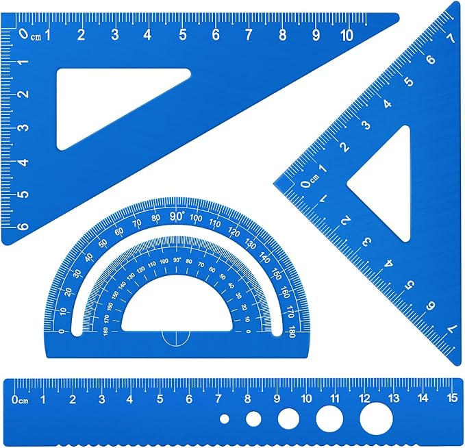 Honagu Triangular Ruler Set, 4 Pieces Aluminum Alloy Ruler, Metal Drafting Ruler, Geometric Protractor for Students, Draftsmen, Engineers, School Office Supplies (Sky Blue)