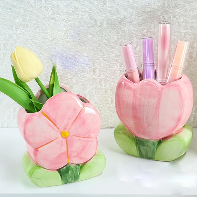 Flower Pencil Holder for Desk Purple Toothbrush Holder Cute Makeup Pen Holder for Office Desk Accessories Aesthetic Home Decor Birthday Gifts for Women Vanity Kawaii Kitchen Utensil Holder