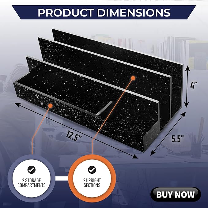Acrylic Desk Organizer for Office Supplies and Desk Accessories, 12.5” x 5.5” x 4” and 5mm Acrylic Valet to Organize Documents, Files, Paper Clips, Sticky Notes, Tablet, Other Storage (Black Glitter)