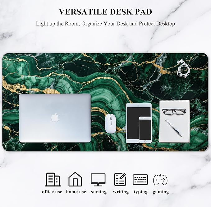 Auhoahsil Desk Mat, Ultra Large Mouse Pad, XXL Gaming Mousepad, Pretty Desk Pad, Big Extended Full Size Desktop Desk Matt for Keyboard, Laptop & Computer, 35.5 x 15.7 in, Green Marble
