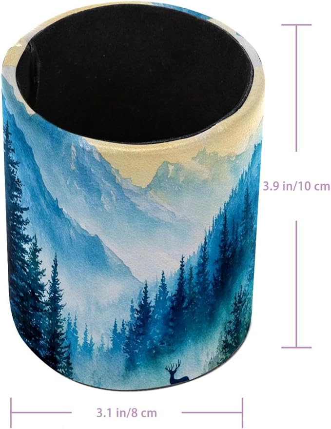 Watercolor Mountain Deer Circular Pen Holder, Pen Cup Makeup Brush Holder, Design for School, Home and Stationary Supplies (3.9 x 3.1 Inches)